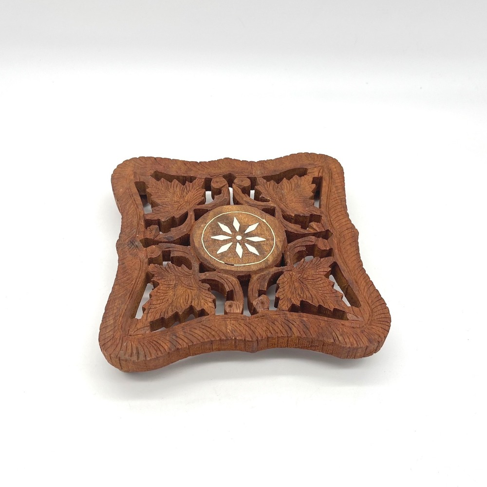 Vintage Hand Carved Wood Trivet India Leaf Design Inlay Footed Hot Pad 6in